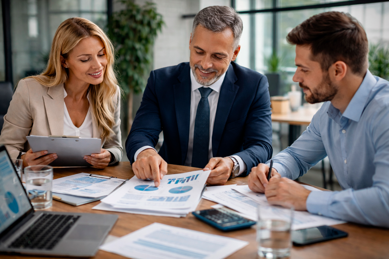 Imprenditori e consulenti finanziari analizzano documenti e business plan per ottenere un finanziamento aziendale